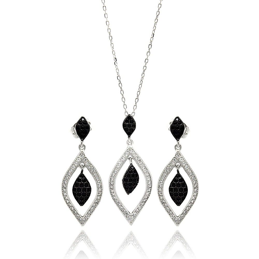 Sterling Silver Rhodium Plated Black And Clear Open Marquise Teardrop CZ Set