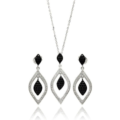 Sterling Silver Rhodium Plated Black And Clear Open Marquise Teardrop CZ Set