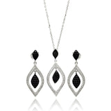 Sterling Silver Rhodium Plated Black And Clear Open Marquise Teardrop CZ Set
