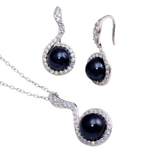 Load image into Gallery viewer, Sterling Silver Rhodium Plated Black Pearl Clear CZ Hanging Stud Earring and Necklace Set With CZ  Stones