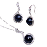 Sterling Silver Rhodium Plated Black Pearl Clear CZ Hanging Stud Earring and Necklace Set With CZ  Stones
