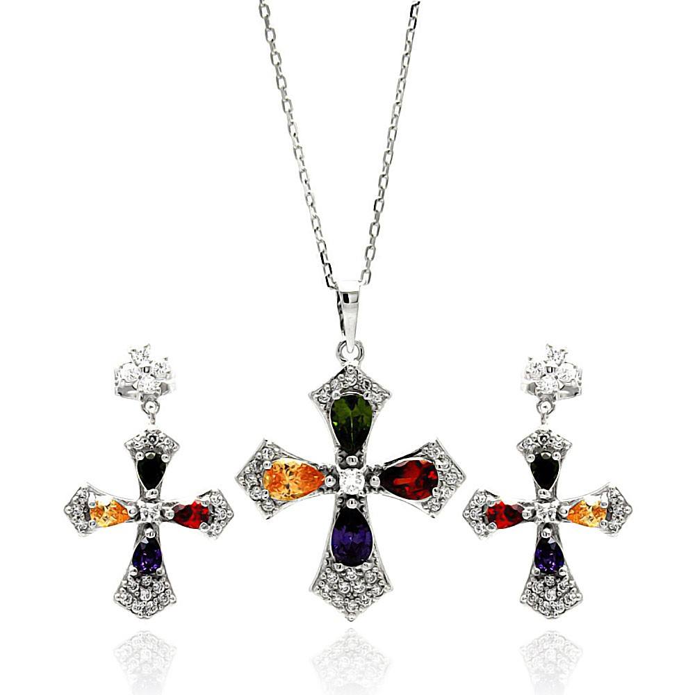 Sterling Silver Rhodium Plated Multi Colored Cross CZ Hanging Stud Earring and Necklace Set