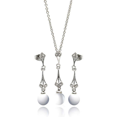 Sterling Silver Rhodium Plated Pearl Drop Clear CZ Dangling Stud Earring and Dangling Necklace Set With CZ  Stones