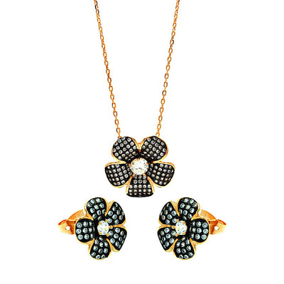 Sterling Silver Black Rhodium and Gold Plated Clear Flower CZ Stud Earring and Necklace Set