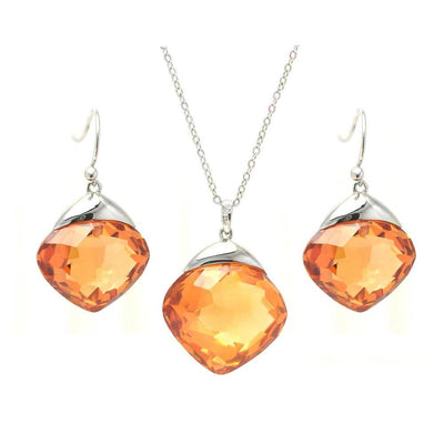 Sterling Silver Rhodium Plated Champagne Diamond Shaped CZ Hook Earring and Necklace Set