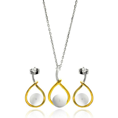 Sterling Silver Rhodium and Gold Plated Overlap Open Teardrop Pearl Clear CZ Hanging Stud Earring and Necklace Set With CZ  Stones