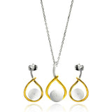 Sterling Silver Rhodium and Gold Plated Overlap Open Teardrop Pearl Clear CZ Hanging Stud Earring and Necklace Set With CZ  Stones