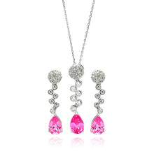 Load image into Gallery viewer, Sterling Silver Rhodium Plated Round and Teardrop Pink CZ Drop Set