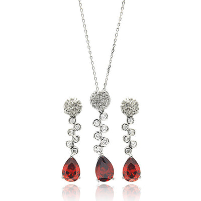 Sterling Silver Rhodium Plated Round and Teardrop Red CZ Drop Set