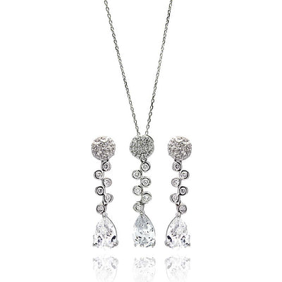 Sterling Silver Rhodium Plated Round and Teardrop Clear CZ Drop Set