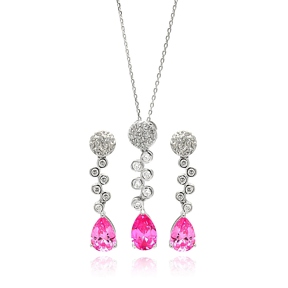 Sterling Silver Rhodium Plated Clear and Pink Round and Teardrop CZ Drop Stud Earring and Necklace Set
