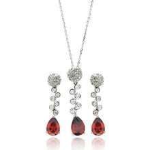 Load image into Gallery viewer, Sterling Silver Rhodium Plated Red Teardrop Clear Round CZ Hanging Stud Earring and Hanging Necklace Set