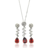 Sterling Silver Rhodium Plated Red Teardrop Clear Round CZ Hanging Stud Earring and Hanging Necklace Set