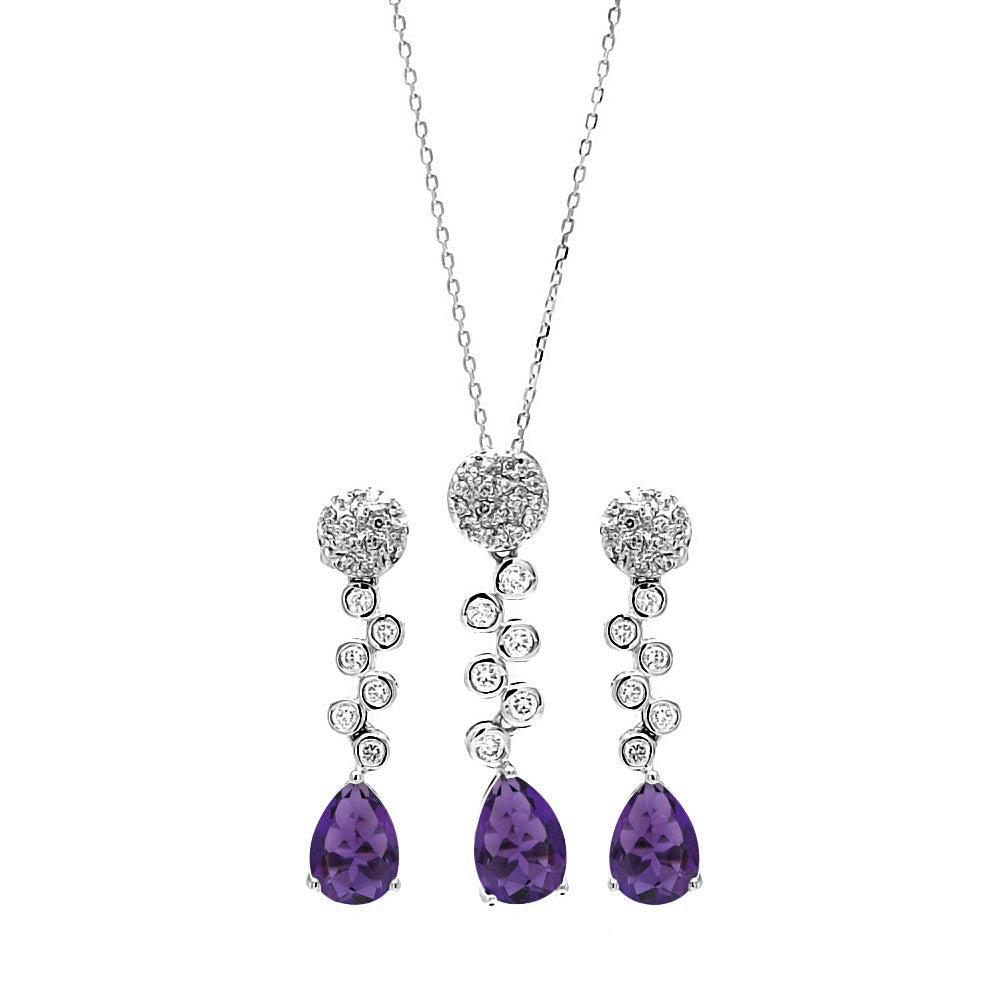 Sterling Silver Rhodium Plated Purple Teardrop and Clear Round CZ Hanging Stud Earring and Hanging Necklace Set