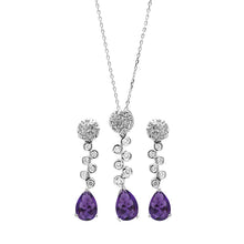 Load image into Gallery viewer, Sterling Silver Rhodium Plated Purple Teardrop and Clear Round CZ Hanging Stud Earring and Hanging Necklace Set