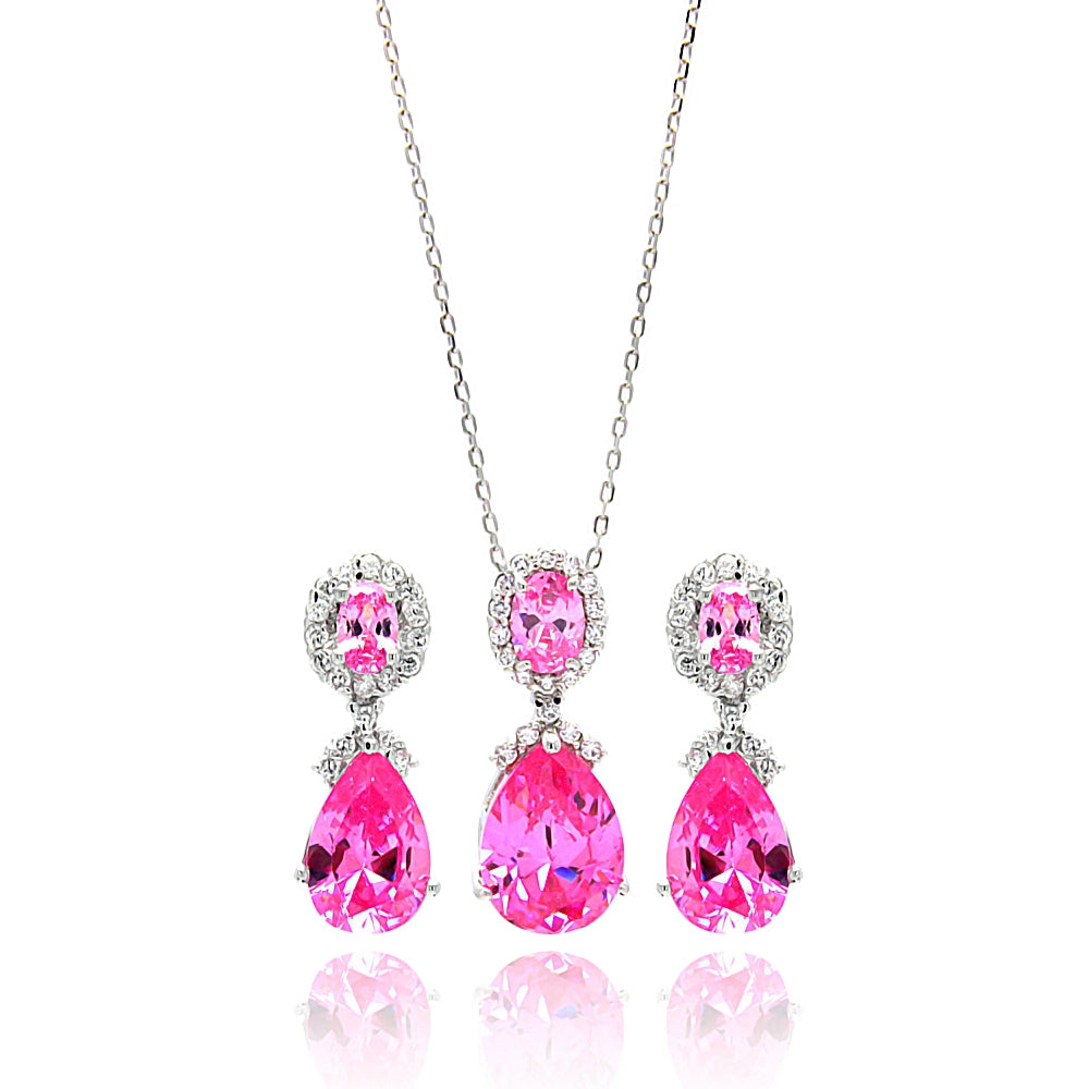 Sterling Silver Rhodium Plated Clear and Pink Round and Teardrop CZ Dangling Stud Earring and Dangling Necklace