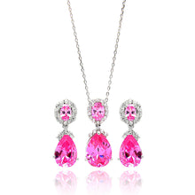 Load image into Gallery viewer, Sterling Silver Rhodium Plated Clear and Pink Round and Teardrop CZ Dangling Stud Earring and Dangling Necklace