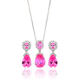 Sterling Silver Rhodium Plated Clear and Pink Round and Teardrop CZ Dangling Stud Earring and Dangling Necklace