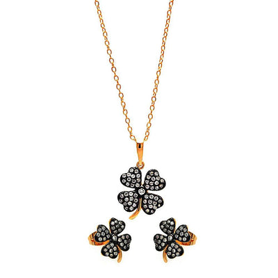 Sterling Silver Black Rhodium And Gold Plated Clear Mini Clover CZ Set