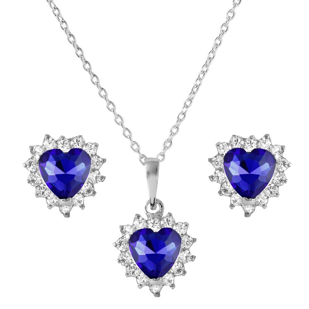 Sterling Silver Rhodium Plated Round and Heart Shaped Clear and Blue CZ Dangling Stud Earrings and Necklace Set