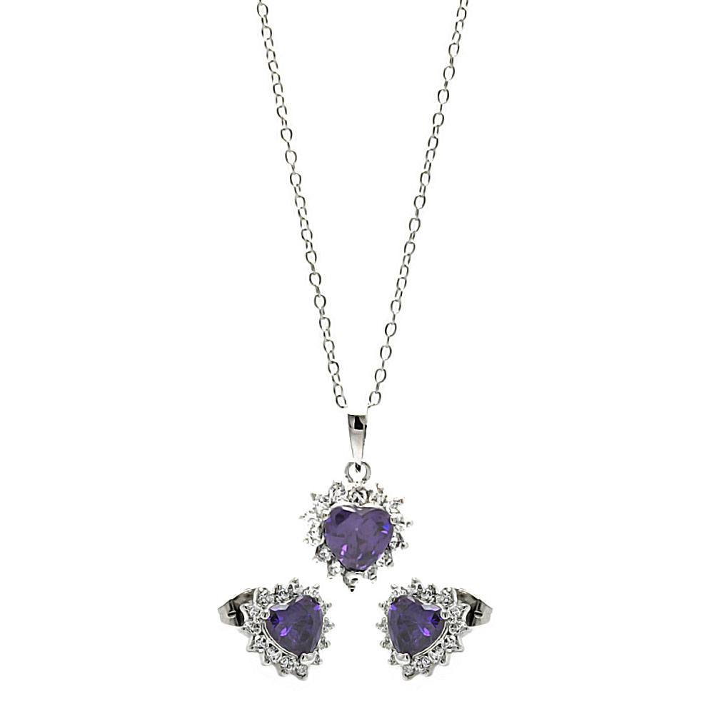 Sterling Silver Rhodium Plated Purple Heart Cluster Set