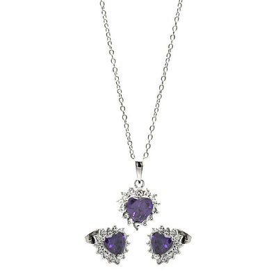 Sterling Silver Rhodium Plated Purple Heart Cluster Set