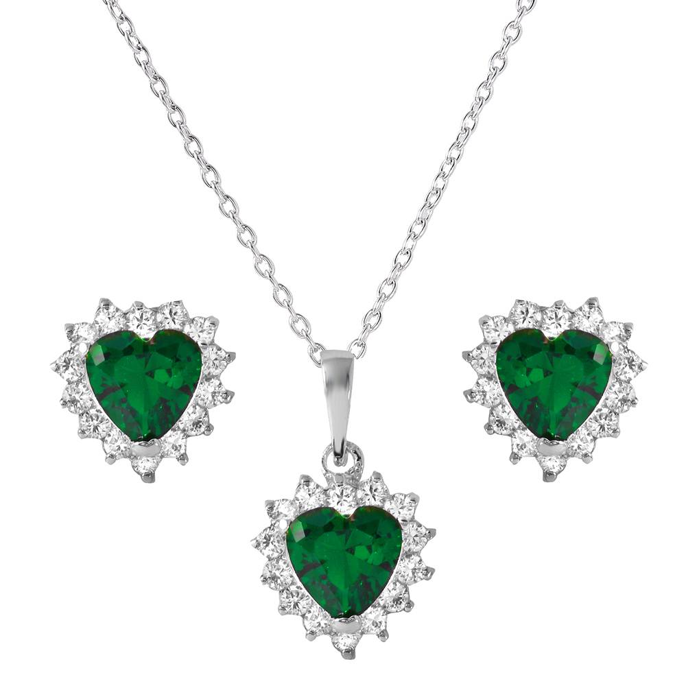 Sterling Silver Rhodium Plated Green Heart Cluster Set