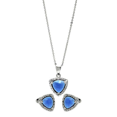 Sterling Silver Rhodium Plated Cushion Blue Triangle CZ Set