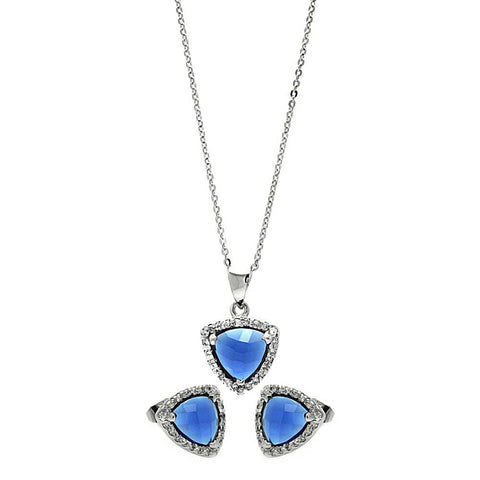 Sterling Silver Rhodium Plated Cushion Blue Triangle CZ Set