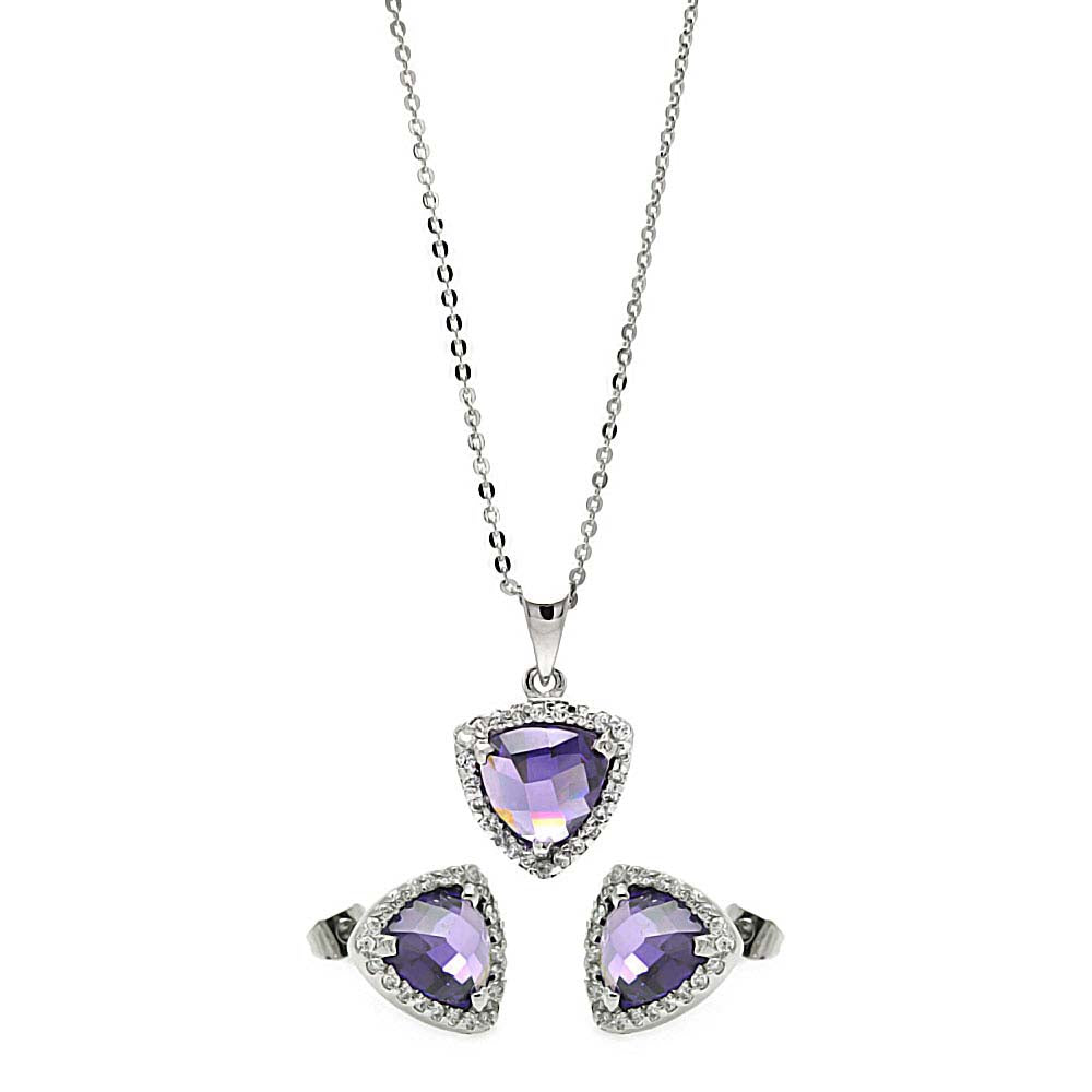 Sterling Silver Rhodium Plated Cushion Purple Triangle CZ Set