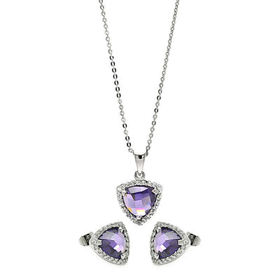 Sterling Silver Rhodium Plated Cushion Purple Triangle CZ Set