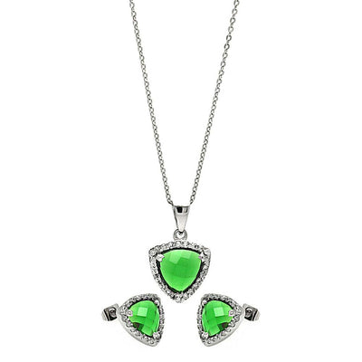 Sterling Silver Rhodium Plated Cushion Green Triangle CZ Set