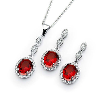 Sterling Silver Rhodium Plated Red Oval CZ Dangling Set