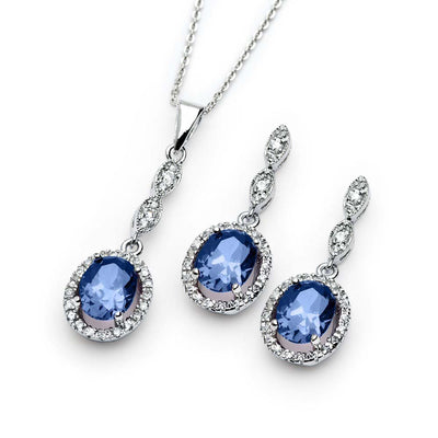 Sterling Silver Rhodium Plated Blue Oval CZ Dangling Set