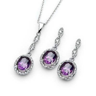 Sterling Silver Rhodium Plated Purple Oval CZ Dangling Set