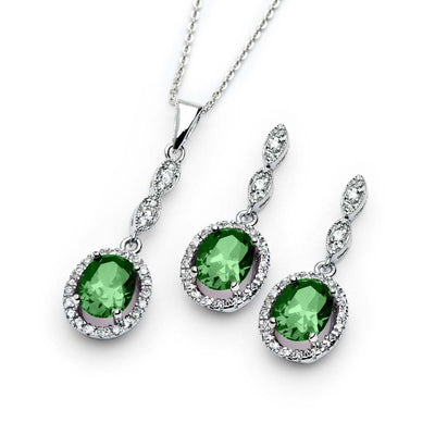 Sterling Silver Rhodium Plated Green and Clear CZ Dangling Stud Earring and Dangling Necklace Set