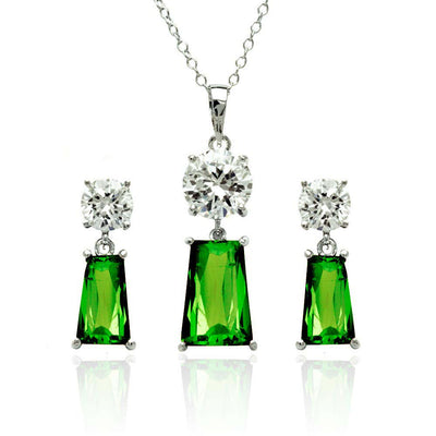 Sterling Silver Rhodium Plated Clear Round Green Rectangular CZ Dangling Matching Set