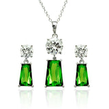 Sterling Silver Rhodium Plated Clear Round Green Rectangular CZ Dangling Matching Set