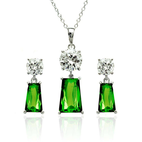Sterling Silver Rhodium Plated Clear Round Green Rectangular CZ Dangling Matching Set