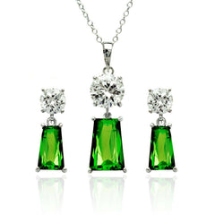 Sterling Silver Rhodium Plated Clear Round Green Rectangular CZ Dangling Matching Set