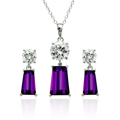 Sterling Silver Rhodium Plated Clear Round Purple Rectangular CZ Dangling Matching Set