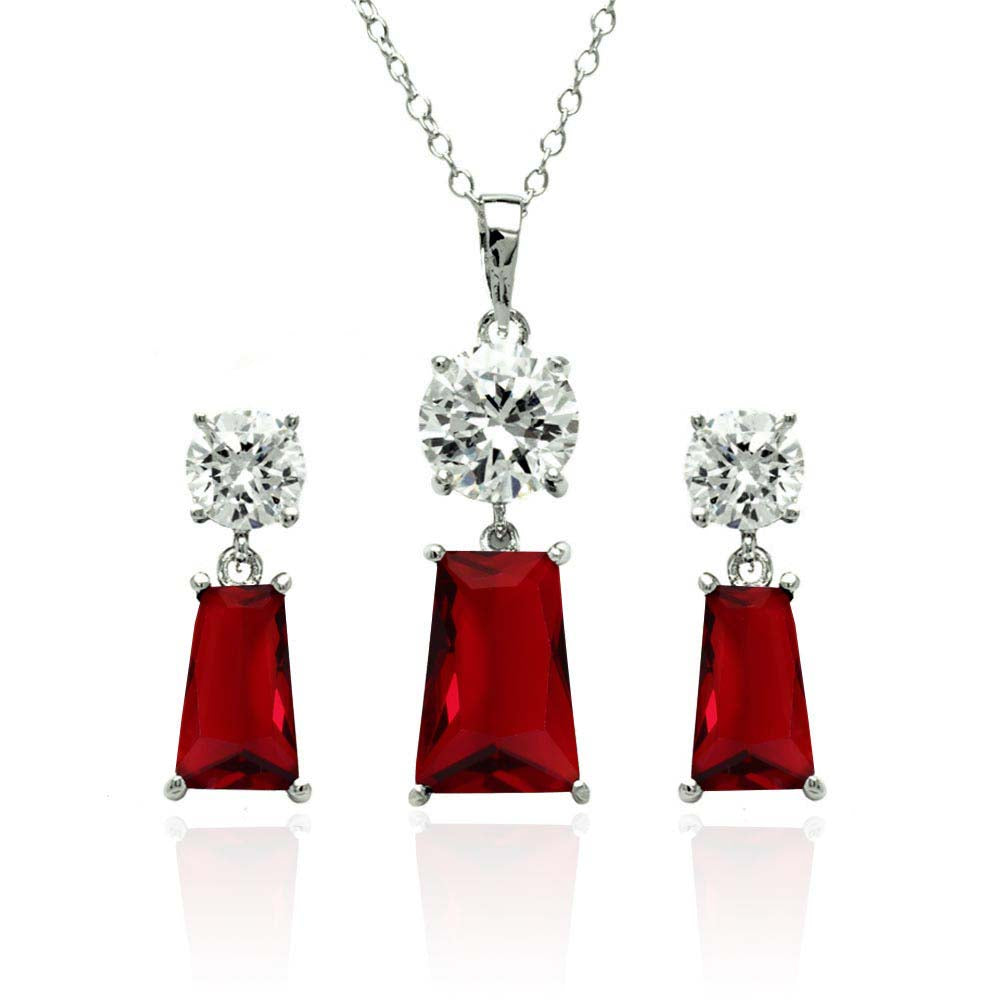 Sterling Silver Rhodium Plated Clear Round  Red Rectangular CZ Dangling Matching Set