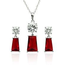 Load image into Gallery viewer, Sterling Silver Rhodium Plated Clear Round  Red Rectangular CZ Dangling Matching Set