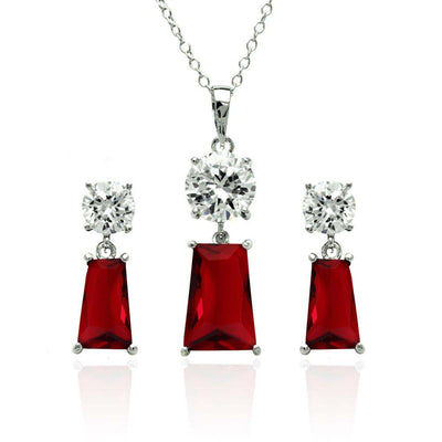 Sterling Silver Rhodium Plated Clear Round  Red Rectangular CZ Dangling Matching Set