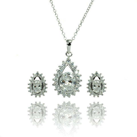 Sterling Silver Rhodium Plated Teardrop Cluster CZ Stud Matching Set