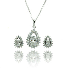 Sterling Silver Rhodium Plated Teardrop Cluster CZ Stud Matching Set
