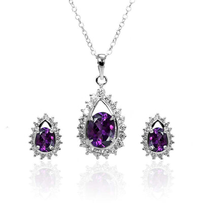 Sterling Silver Rhodium Plated Purple Teardrop Cluster CZ Stud Matching Set