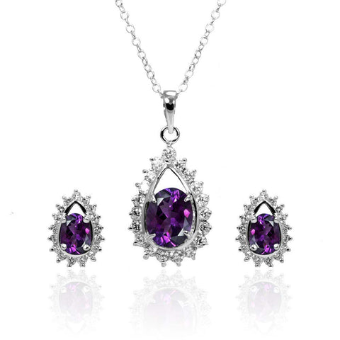 Sterling Silver Rhodium Plated Purple Teardrop Cluster CZ Stud Matching Set
