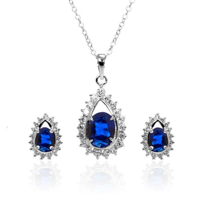 Sterling Silver Rhodium Plated Blue Teardrop Cluster CZ Stud Matching Set