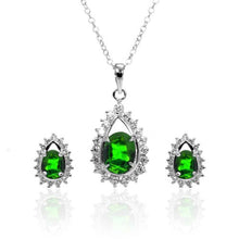 Load image into Gallery viewer, Sterling Silver Rhodium Plated Green Teardrop Cluster CZ Stud Matching Set